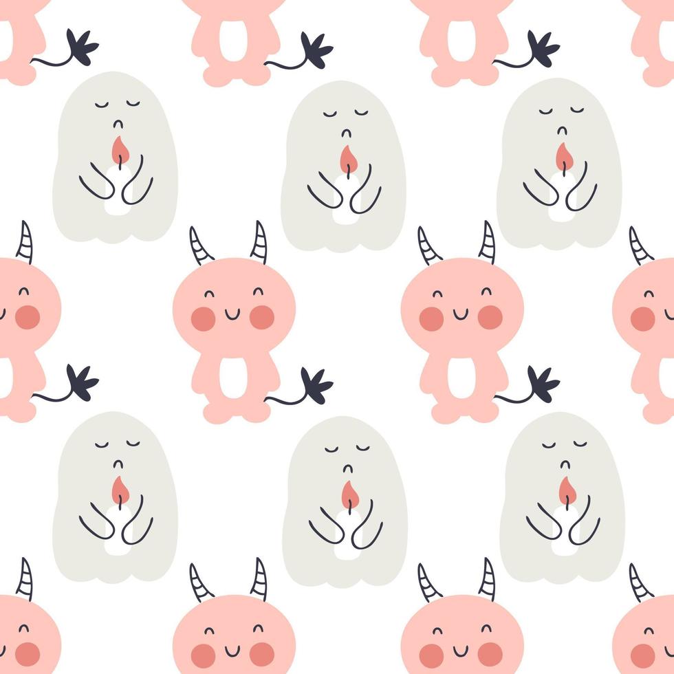 Halloween seamless pattern with sad ghosts and devils. vector