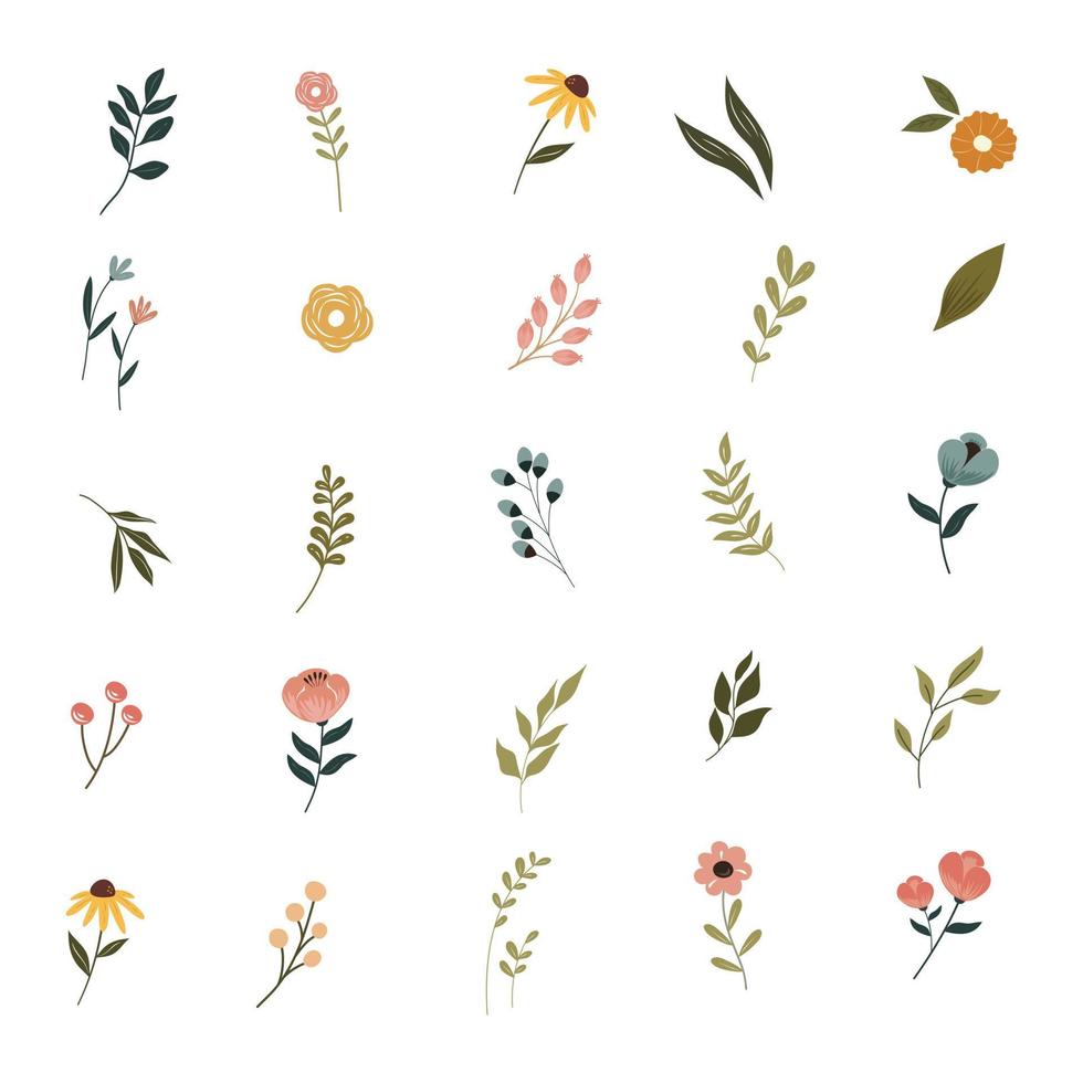 Set of floral elements. Flower and green leaves icon vector