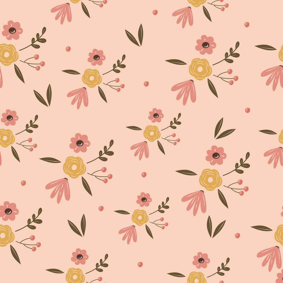 flor de jardín, plantas, botánico, diseño de vector de patrones sin fisuras para moda, tela, papel tapiz y todas las impresiones en color de fondo rosa. lindo patrón en flor pequeña.