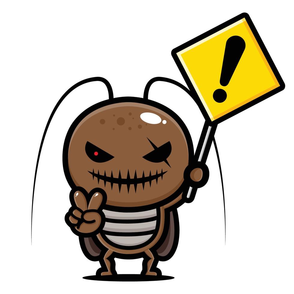 diseño de personaje de mascota de cucaracha con señal de alerta vector
