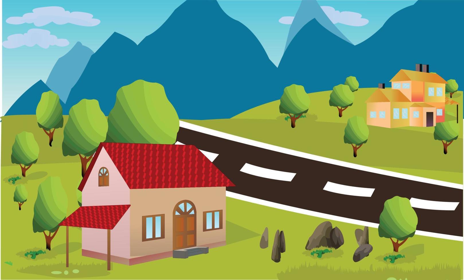 paisaje con casa y montañas ilustraciones vectoriales vector