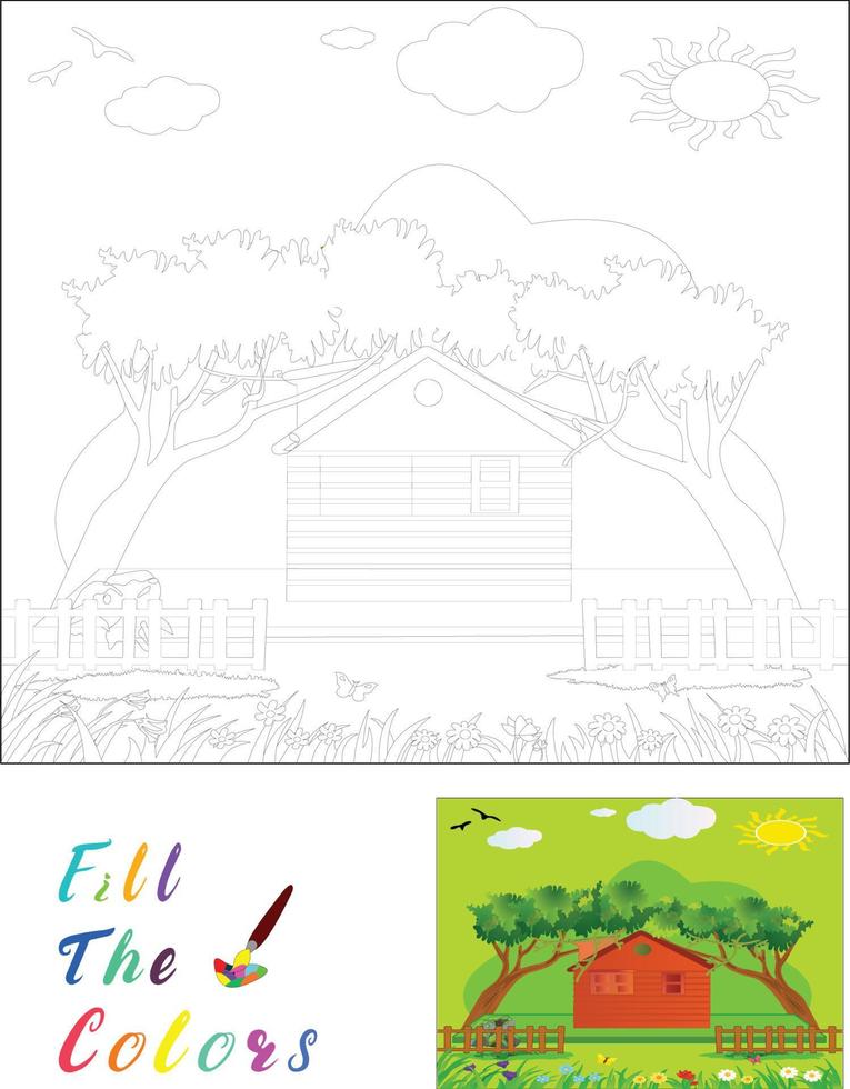 paisaje de tareas de color el libro para colorear para niños en edad preescolar con un nivel de juego educativo fácil. vector