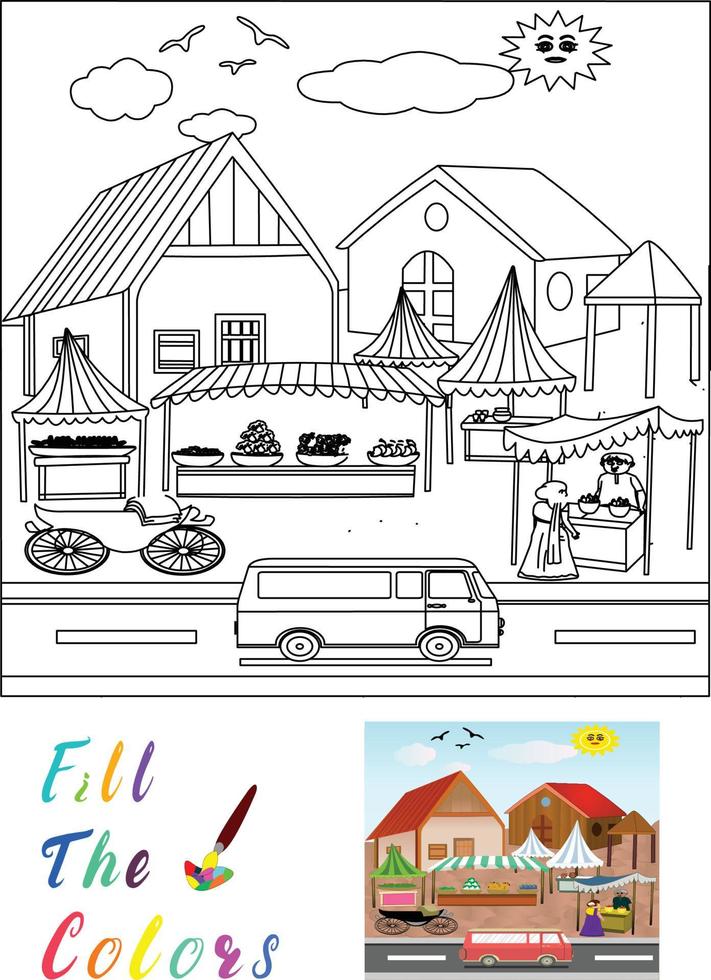 paisaje de tareas de color el libro para colorear para niños en edad preescolar con un nivel de juego educativo fácil. vector