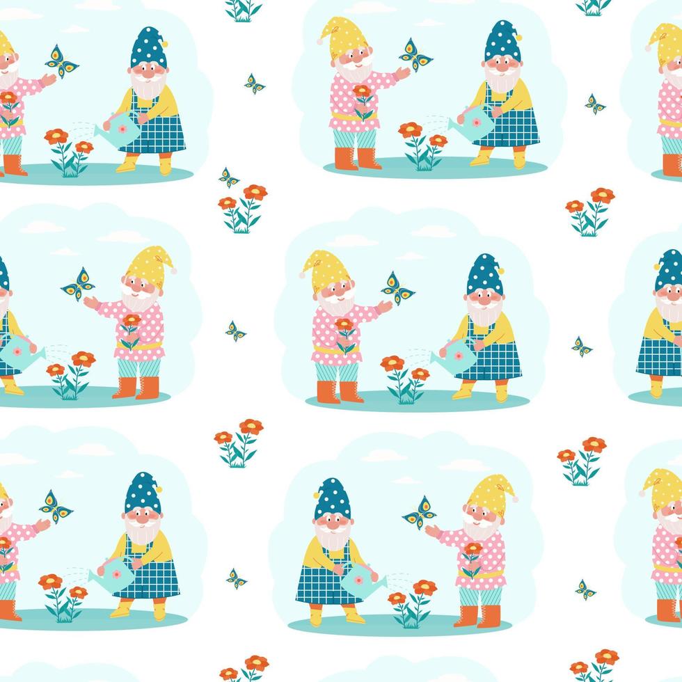 Cute gnomes watering flowers seamless pattern. Vector print in flat style