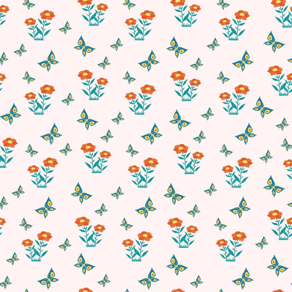 Flowers and butterflies seamless pattern. Vector print in flat style