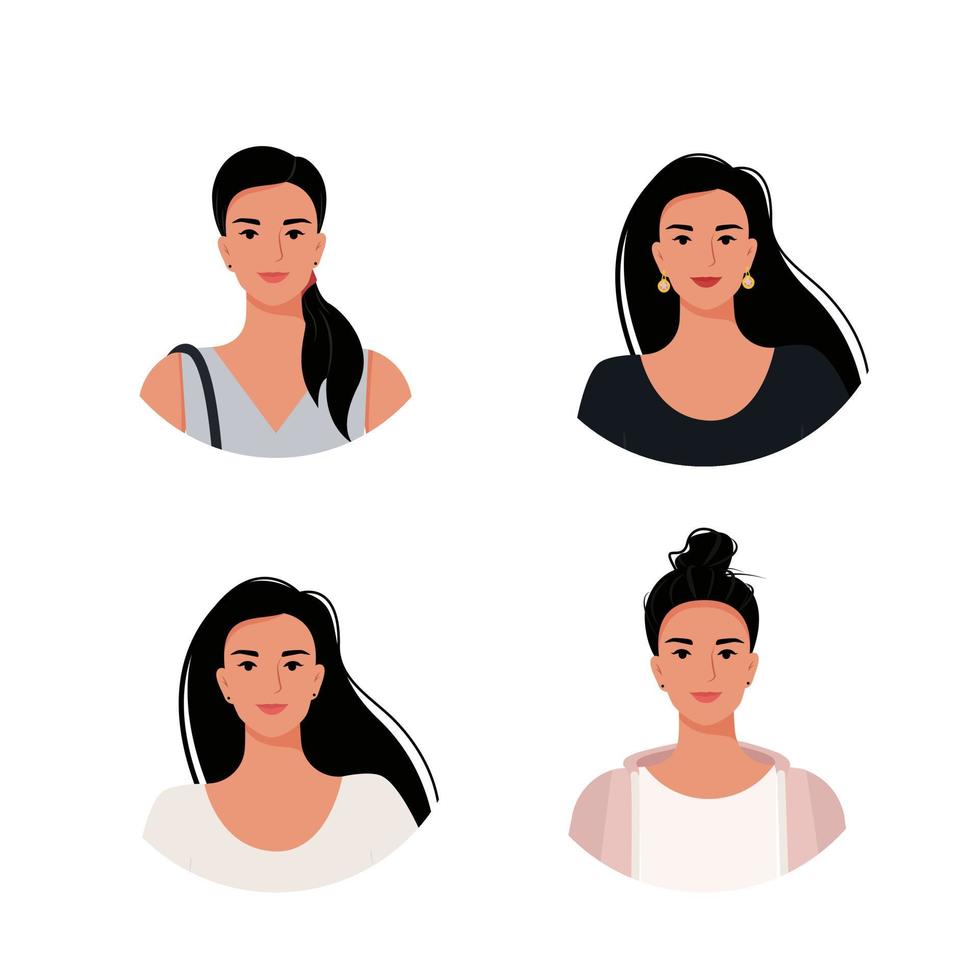 Portrait set of an attractive young girl. Vector illustration in flat style
