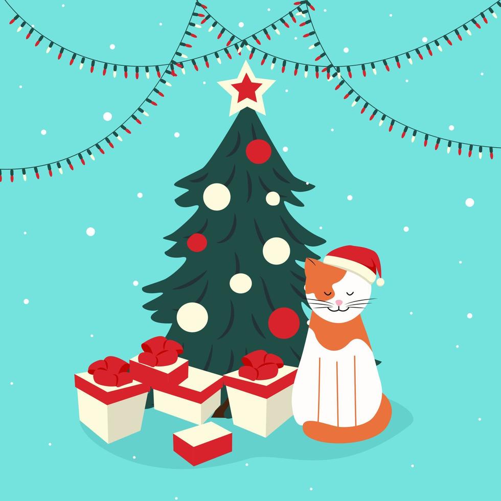 Red cat in a Santa hat under the Christmas tree. Vector illustration in