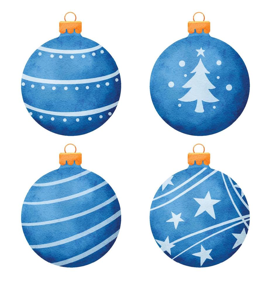 Decoración de estilo acuarela de bolas de Navidad azul aislado sobre fondo blanco. vector