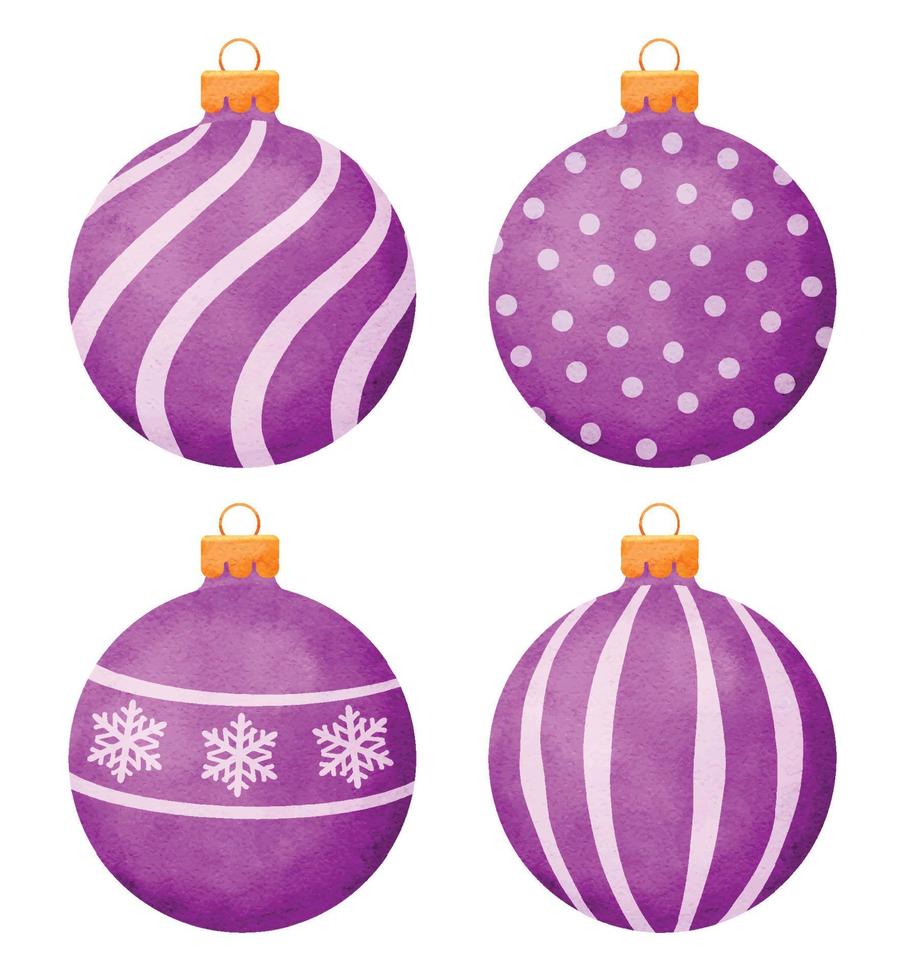 Decoración de estilo acuarela de bolas de Navidad púrpura aislado sobre fondo blanco. vector