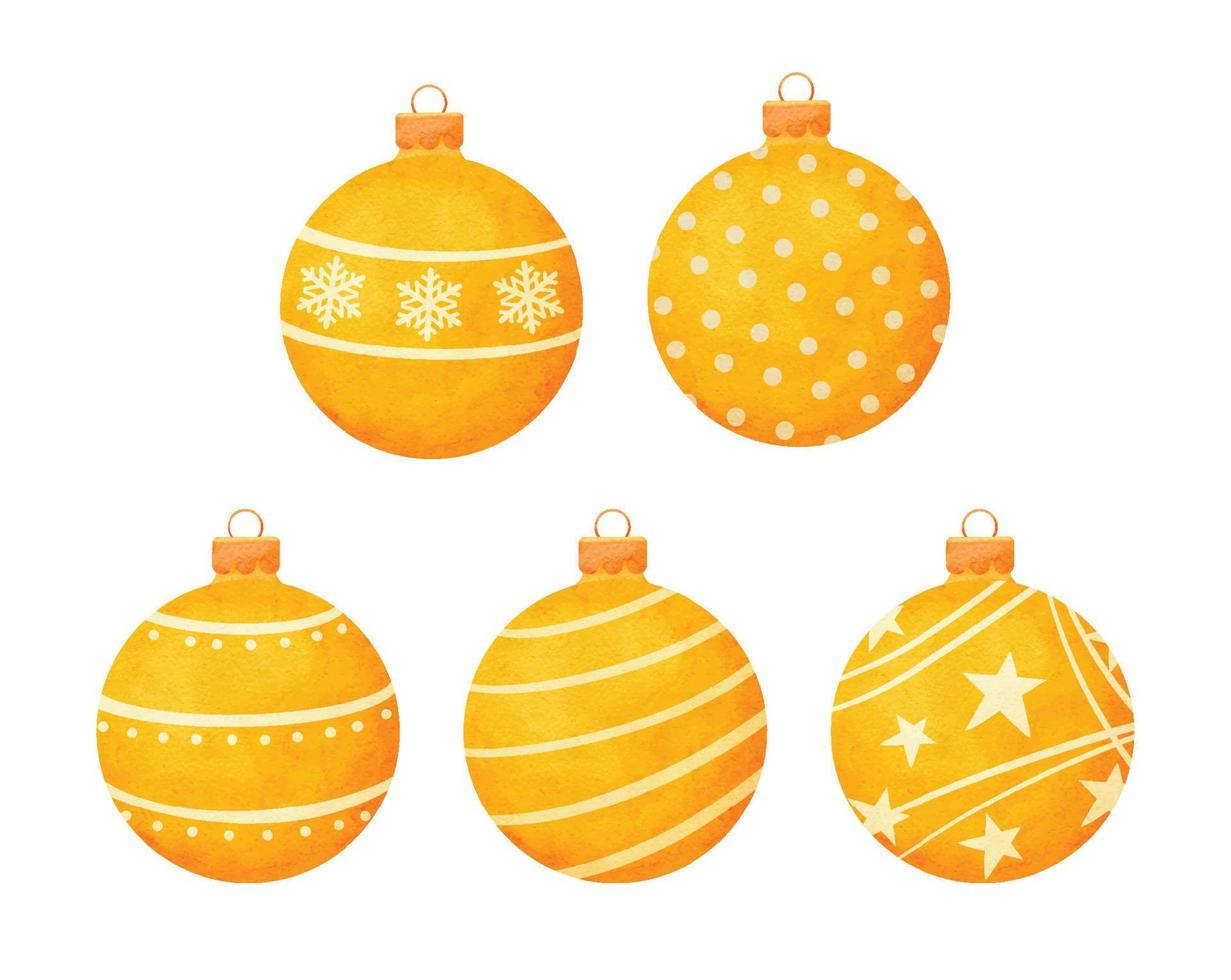 Decoración de estilo acuarela de bolas de Navidad amarillo aislado sobre fondo blanco. vector