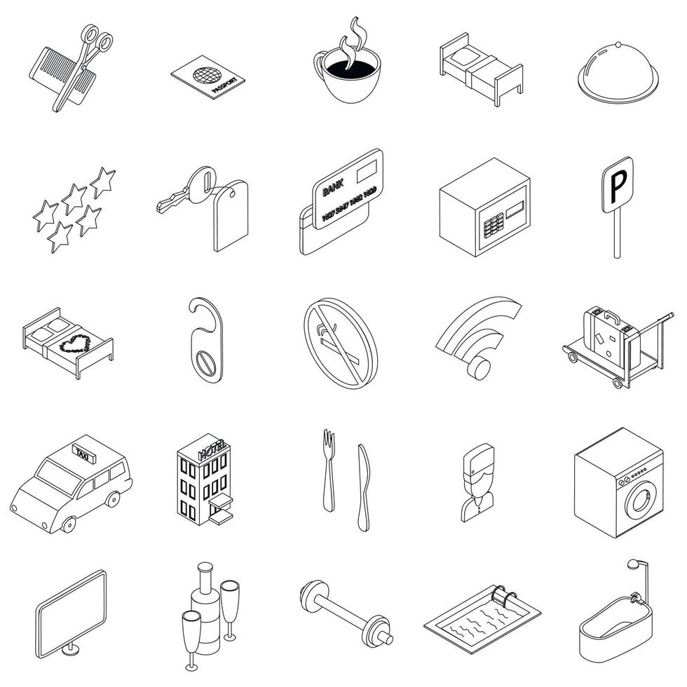 Hotel icons set, isometric 3d style vector