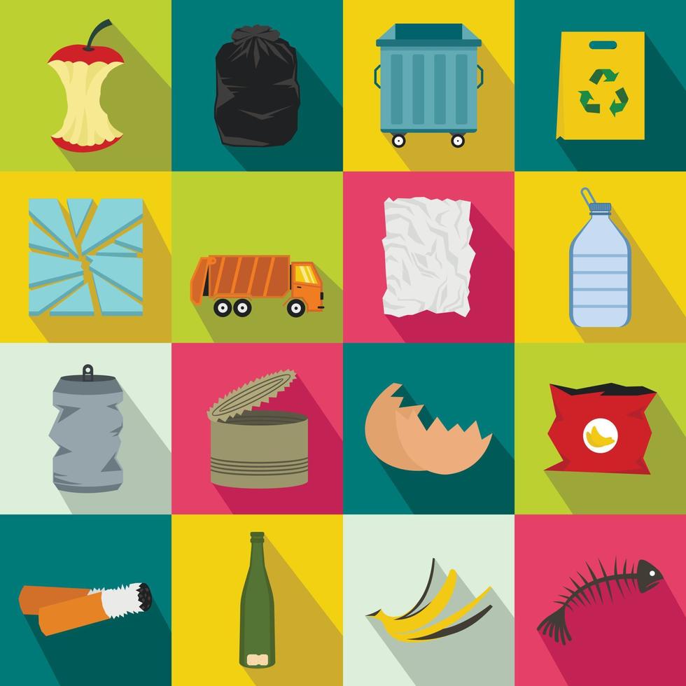 Waste and garbage icons set, flat style vector