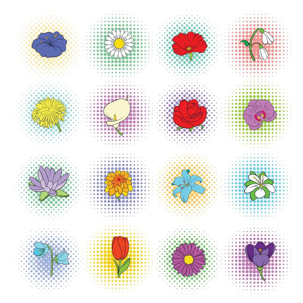 Flower icons set, pop-art style vector