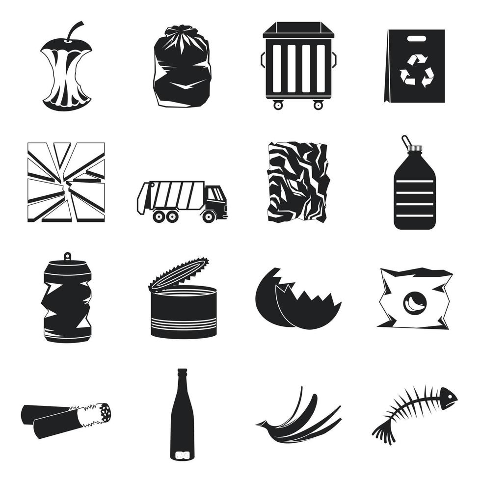 Waste and garbage icons set, black style vector