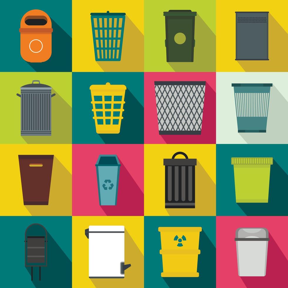 Trash can icons set, flat style vector