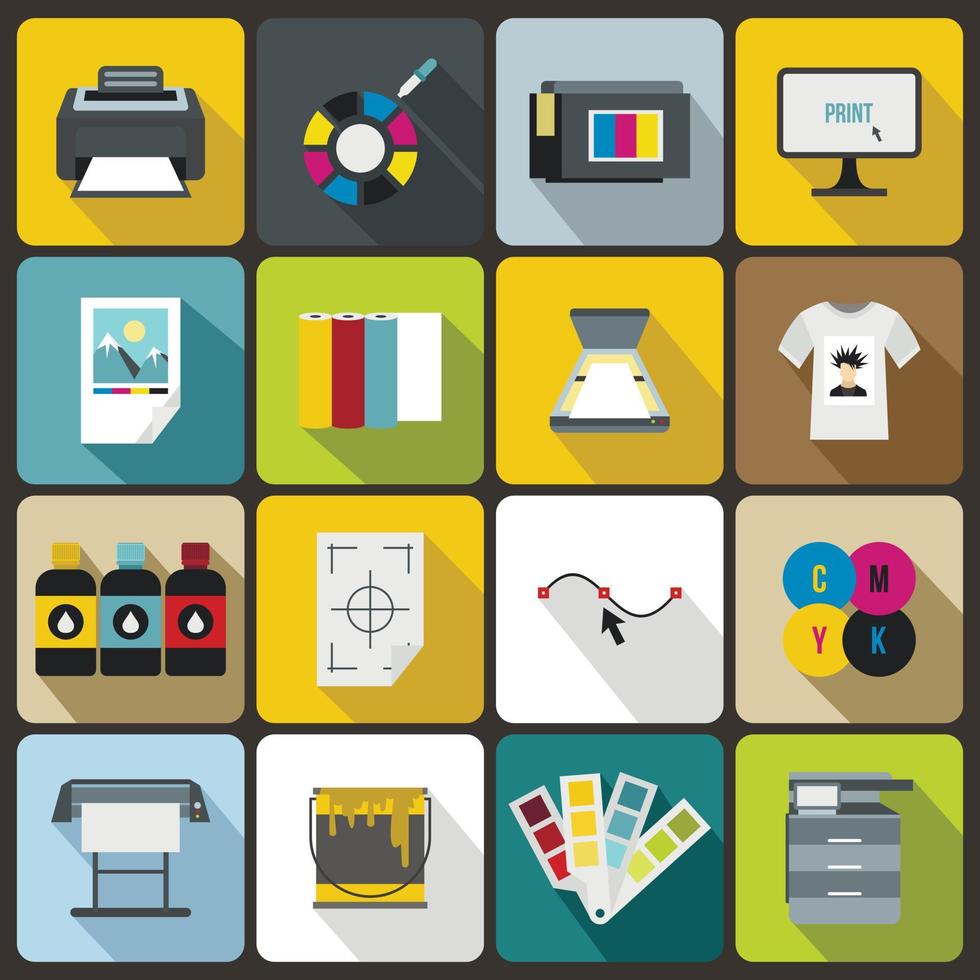 Printing icons set, flat style vector