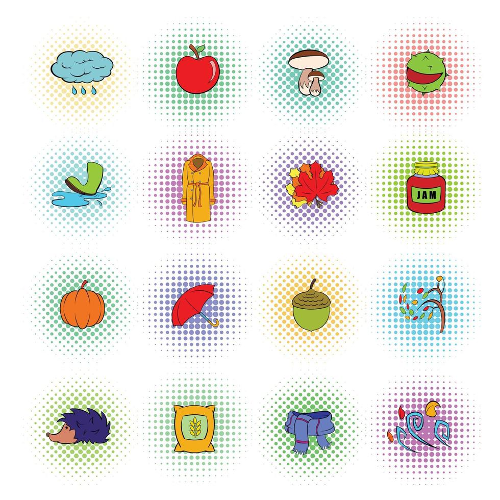 Autumn icons set, pop-art style vector