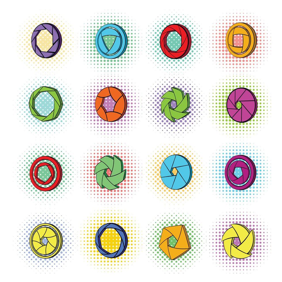 Camera aperture icons set, pop-art style vector