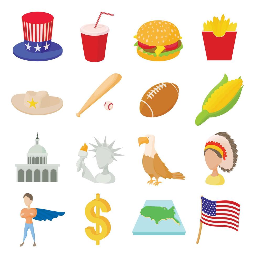 conjunto de iconos de estados unidos, estilo de dibujos animados vector