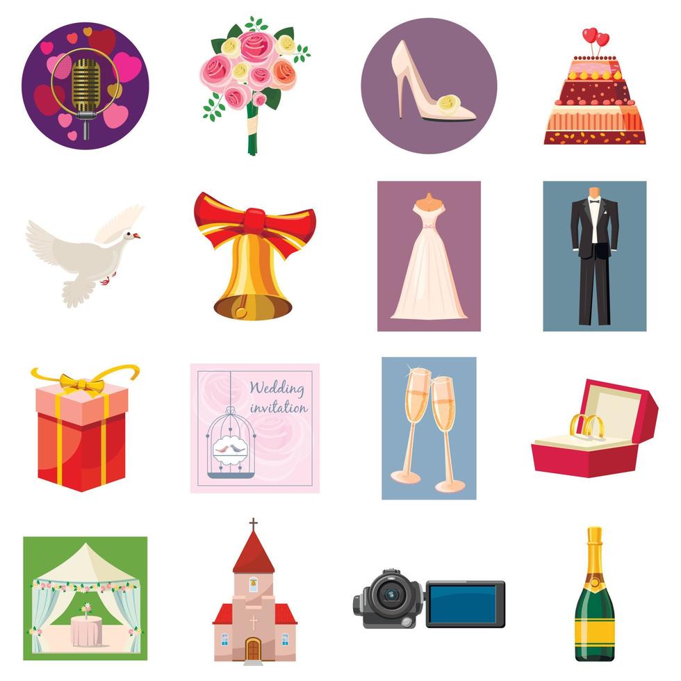 Wedding icons set, cartoon style vector