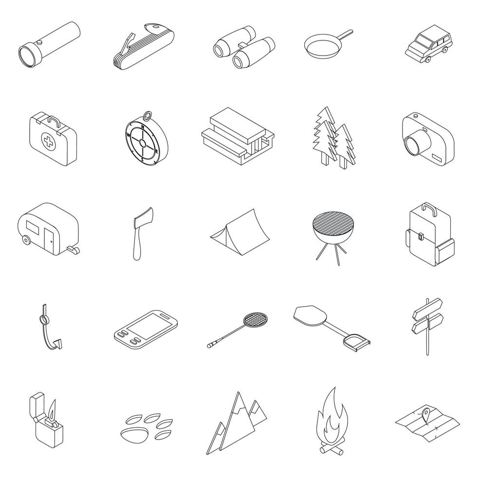 Camping icons set, isometric 3d style vector