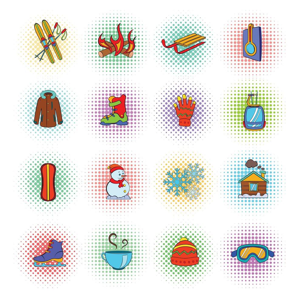 Winter icons set, pop-art style vector