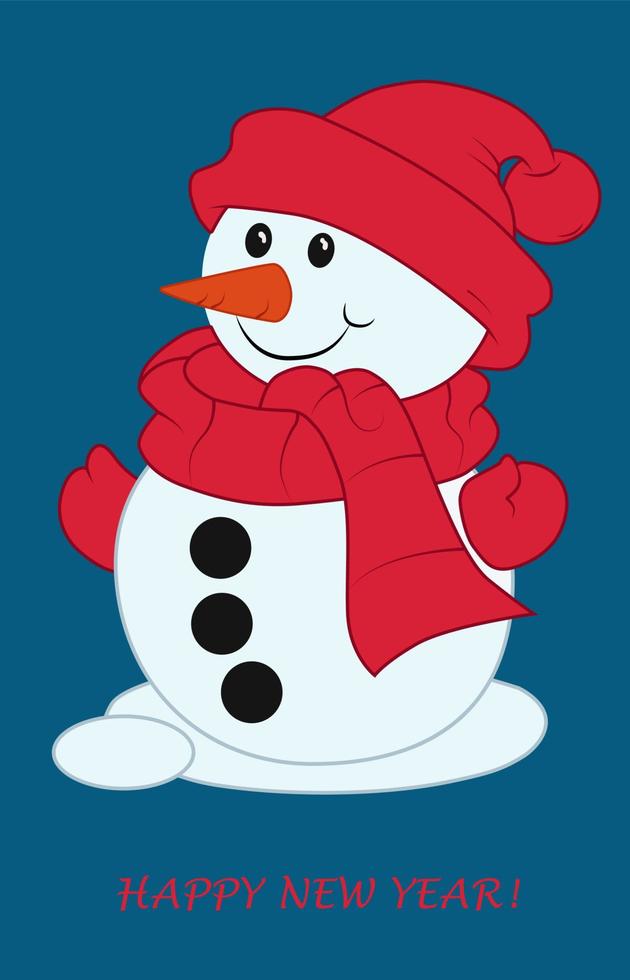 muñeco de nieve sonriente con sombrero rojo. tarjeta de feliz año nuevo vector