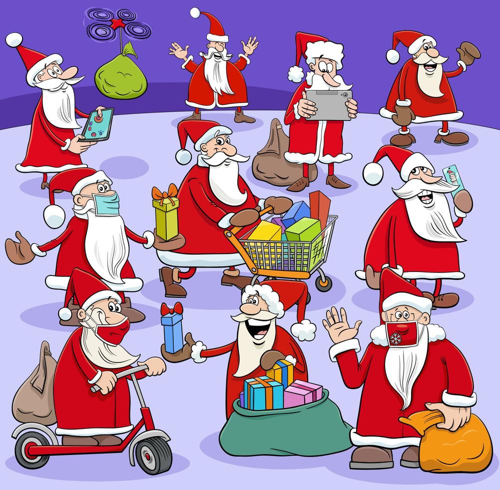 grupo de personajes de dibujos animados de santa claus con regalos de navidad vector
