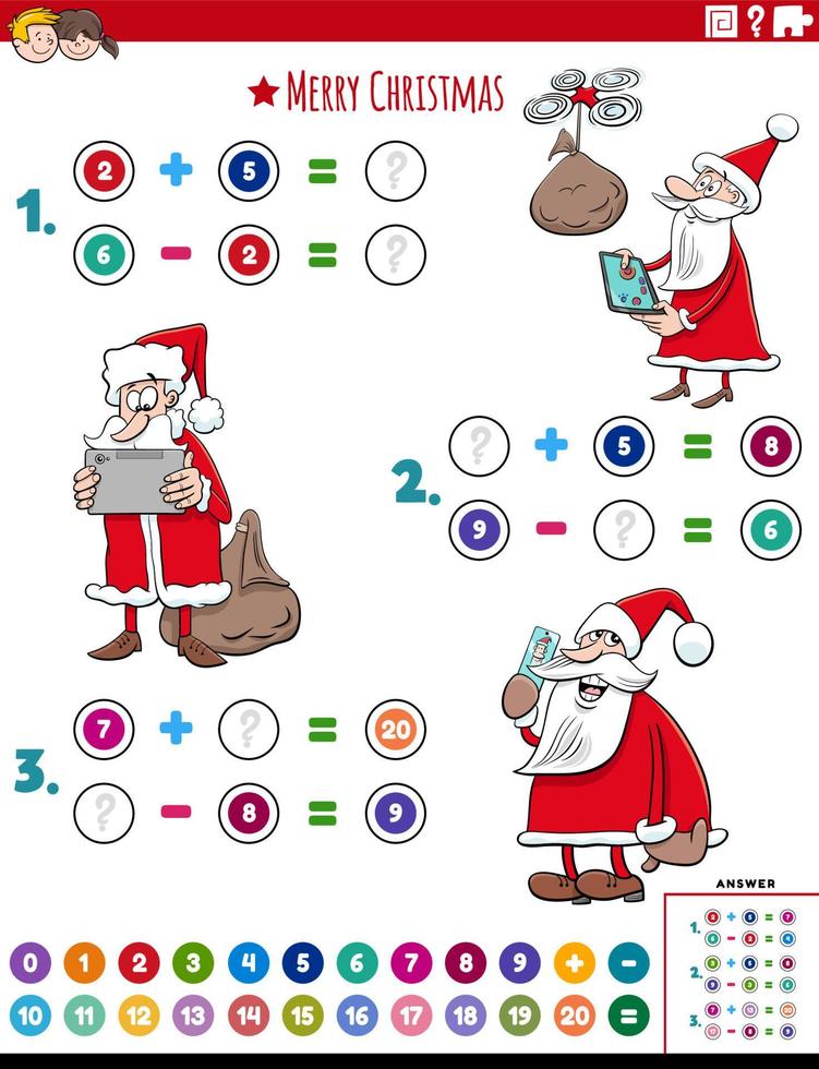 Tarea de suma y resta de matemáticas con personajes de santa claus vector