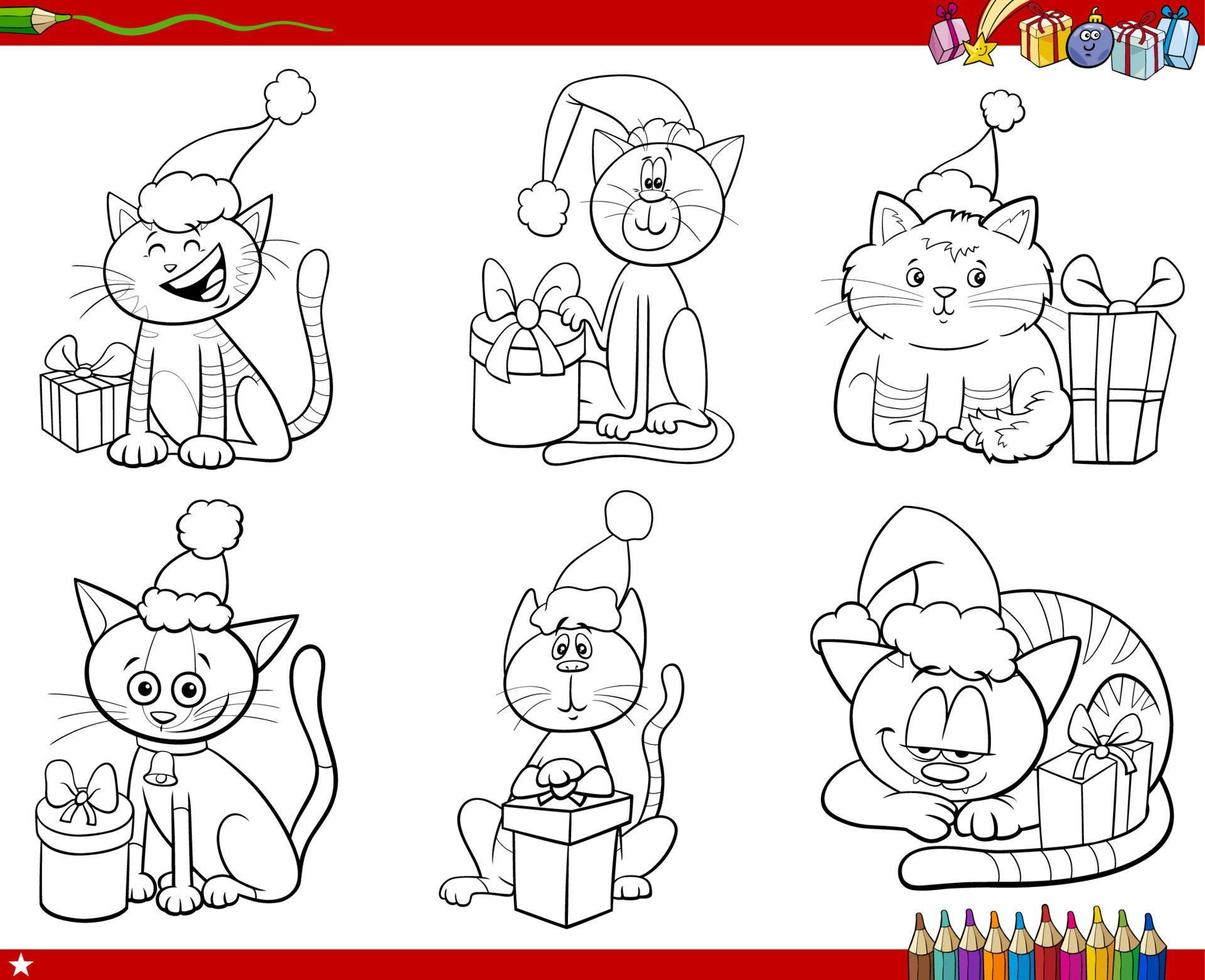 set of comic cats with Christmas gifts coloring book page vector