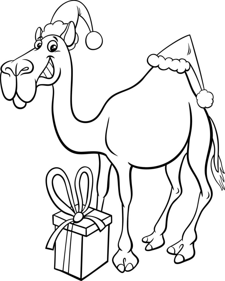 camel animal character on Christmas time coloring book page vector