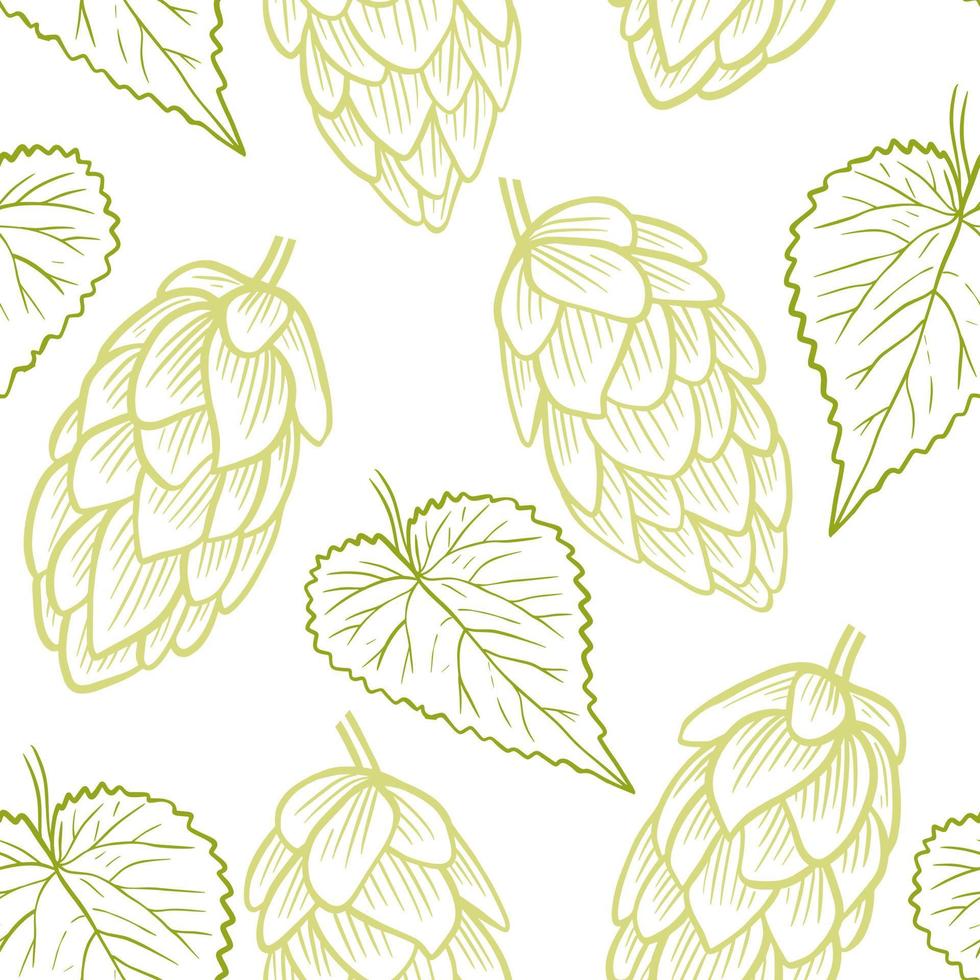 Handmade sketch green hops on white background seamless pattern vector