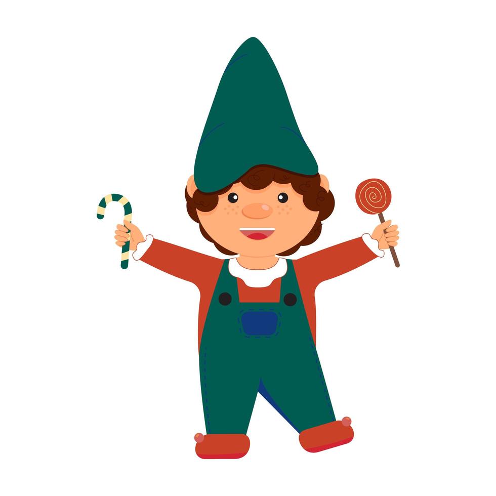 Cute little garden gnome in a Christmas costume with lollipops. Vector illustration.