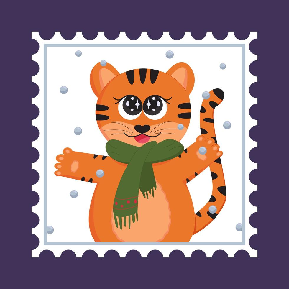 lindo tigre chino en una bufanda atrapa copos de nieve. diseño para una tarjeta de felicitación navideña festiva. ilustración vectorial. vector