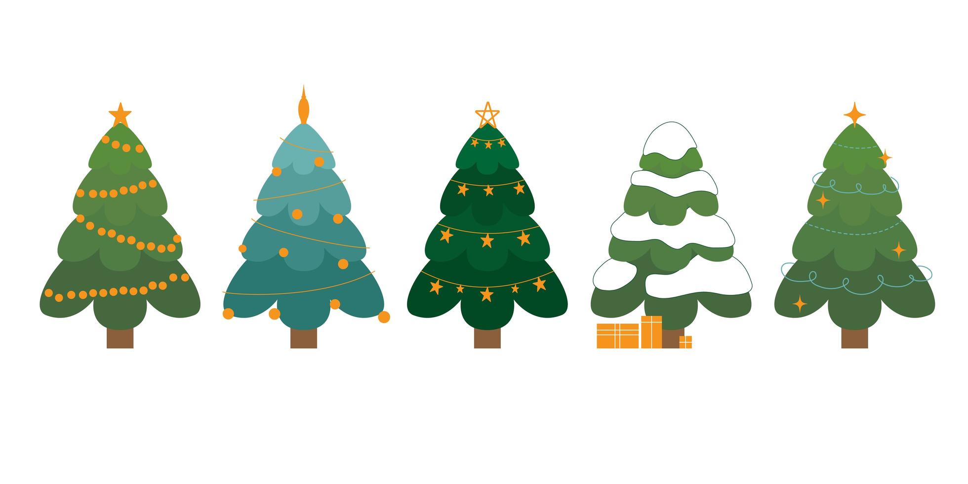 Collection of decorated Christmas trees, pines for greeting card, invitation, banner, web. New Years and xmas traditional symbol tree with garlands, light bulb, star. Winter holiday. vector