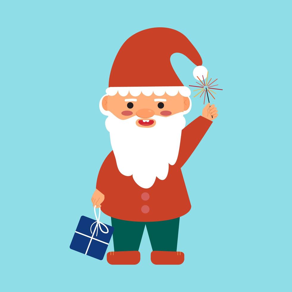 Cute little garden gnome in santa costume with a gift and sparklers. Vector illustration.