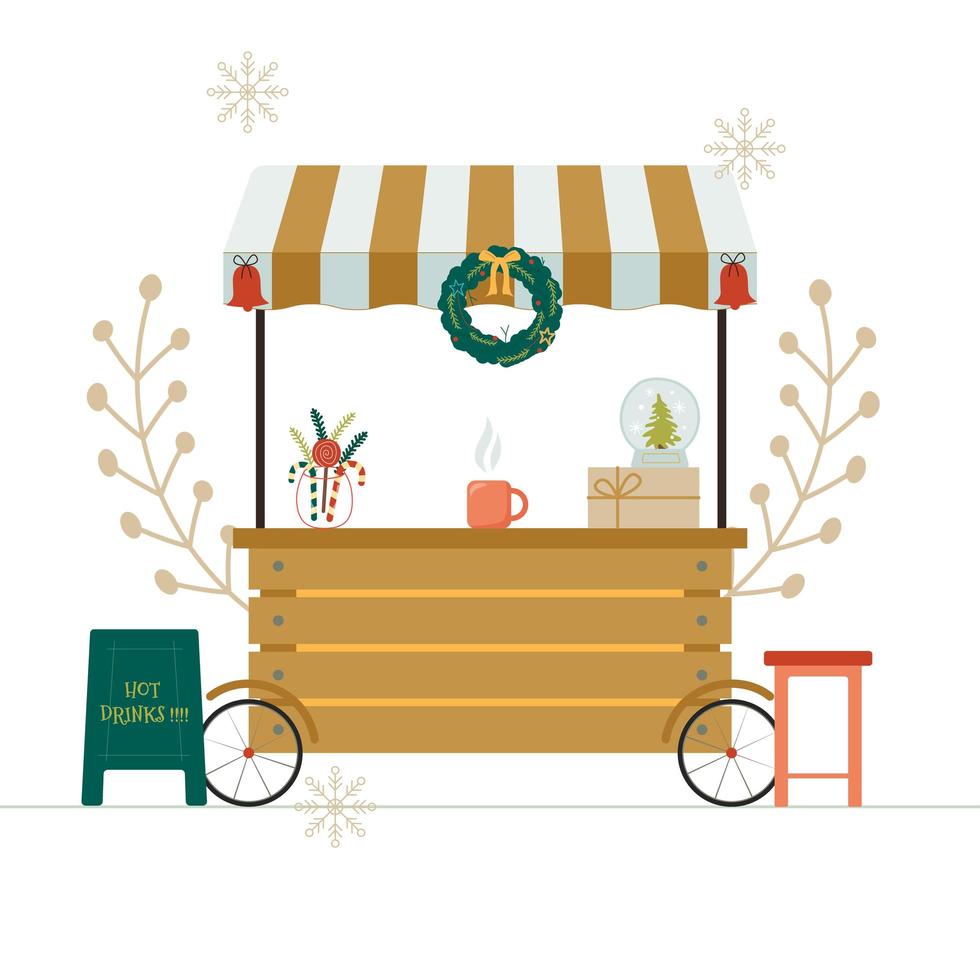 Illustration of festival sale stall with hot drinks and souvenirs. Vector illustration.