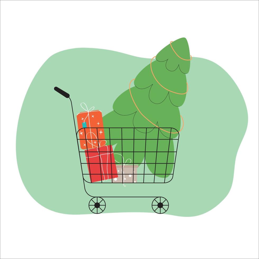 carro de compras con cajas de regalo y árbol de Navidad sobre fondo verde. ilustración vectorial. vector