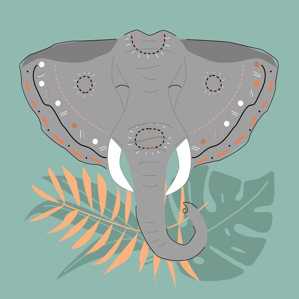 Tribal elephant face with  pattern on  background of leaves. Vector illustration.