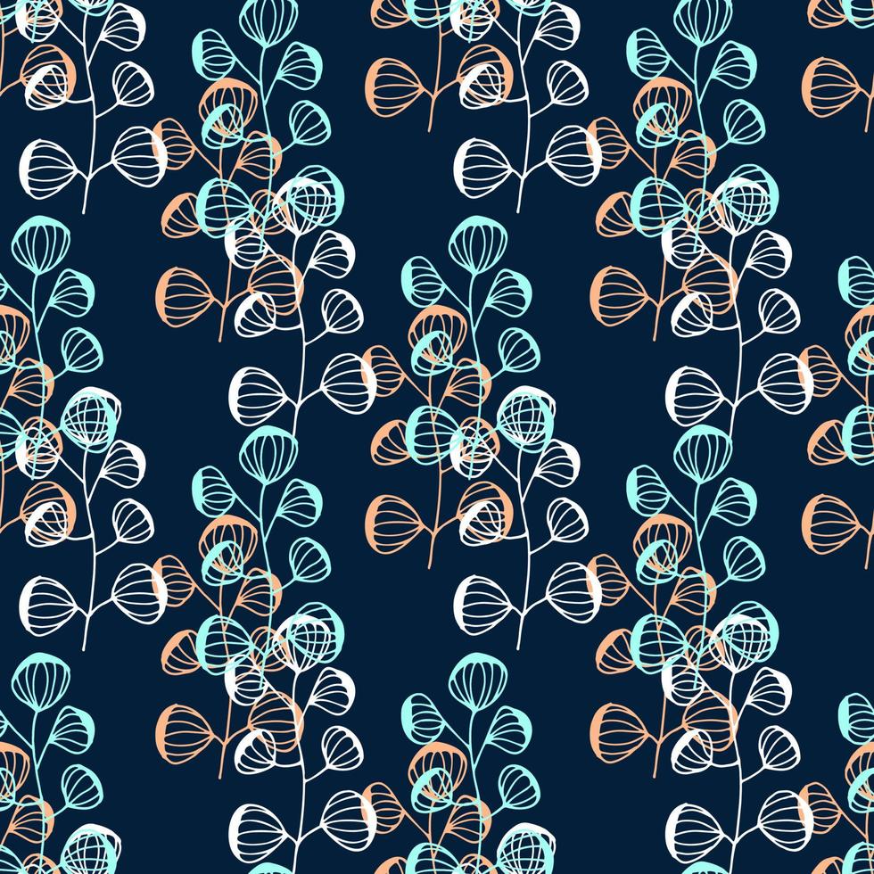 Hand drawn plants seamless pattern. Simple drawing on dark blue background. Vector illustration, printing on fabric, clothes, covers.