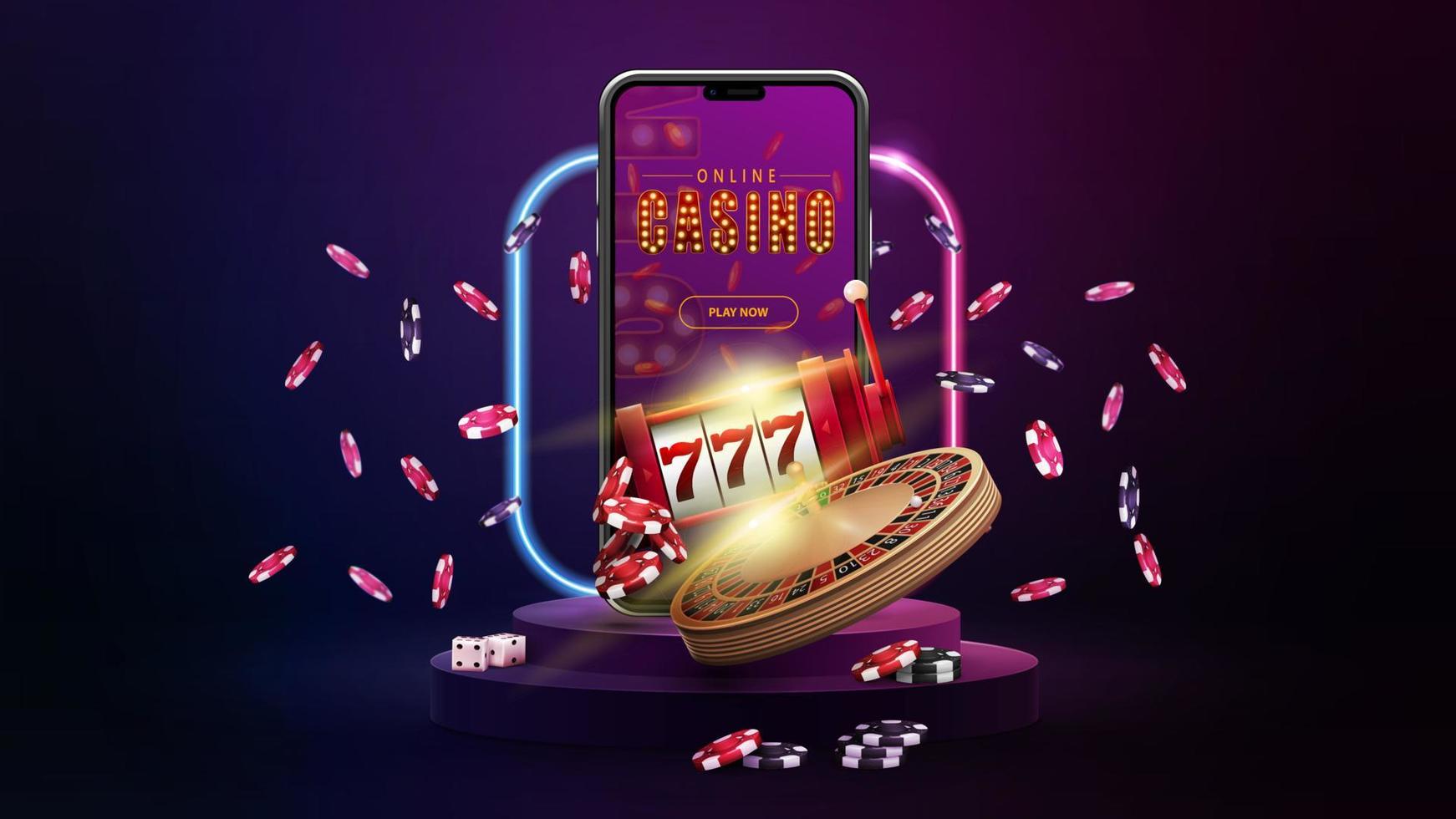 Podium with smartphone, casino slot machine, Casino Roulette, poker chips and gradient neon square frame in dark empty scene. vector