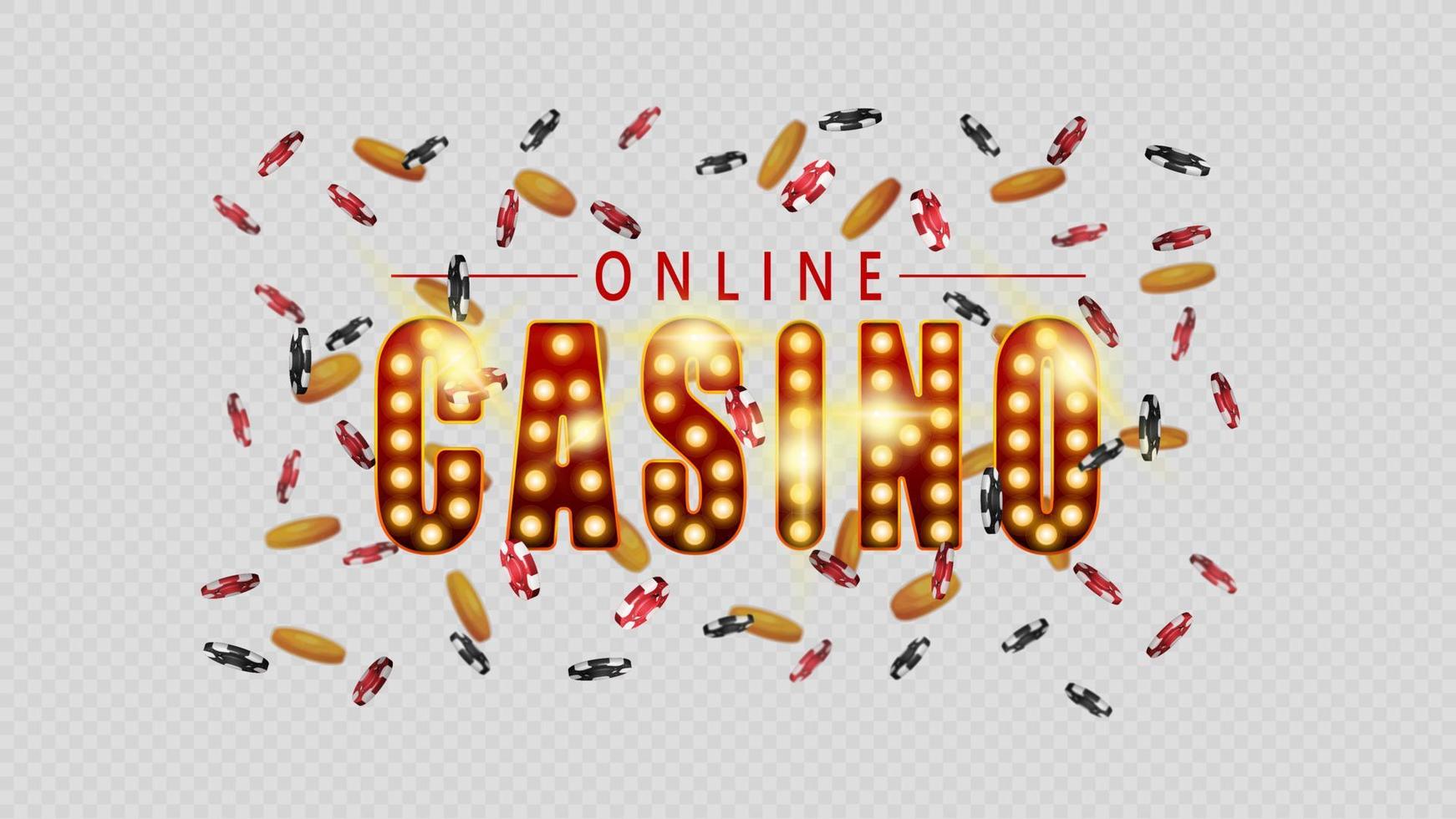 Online casino, symbol in vintage casino style with gold lamp bulbs isolated on white background. Sign with casino chips and gold coins flying around vector