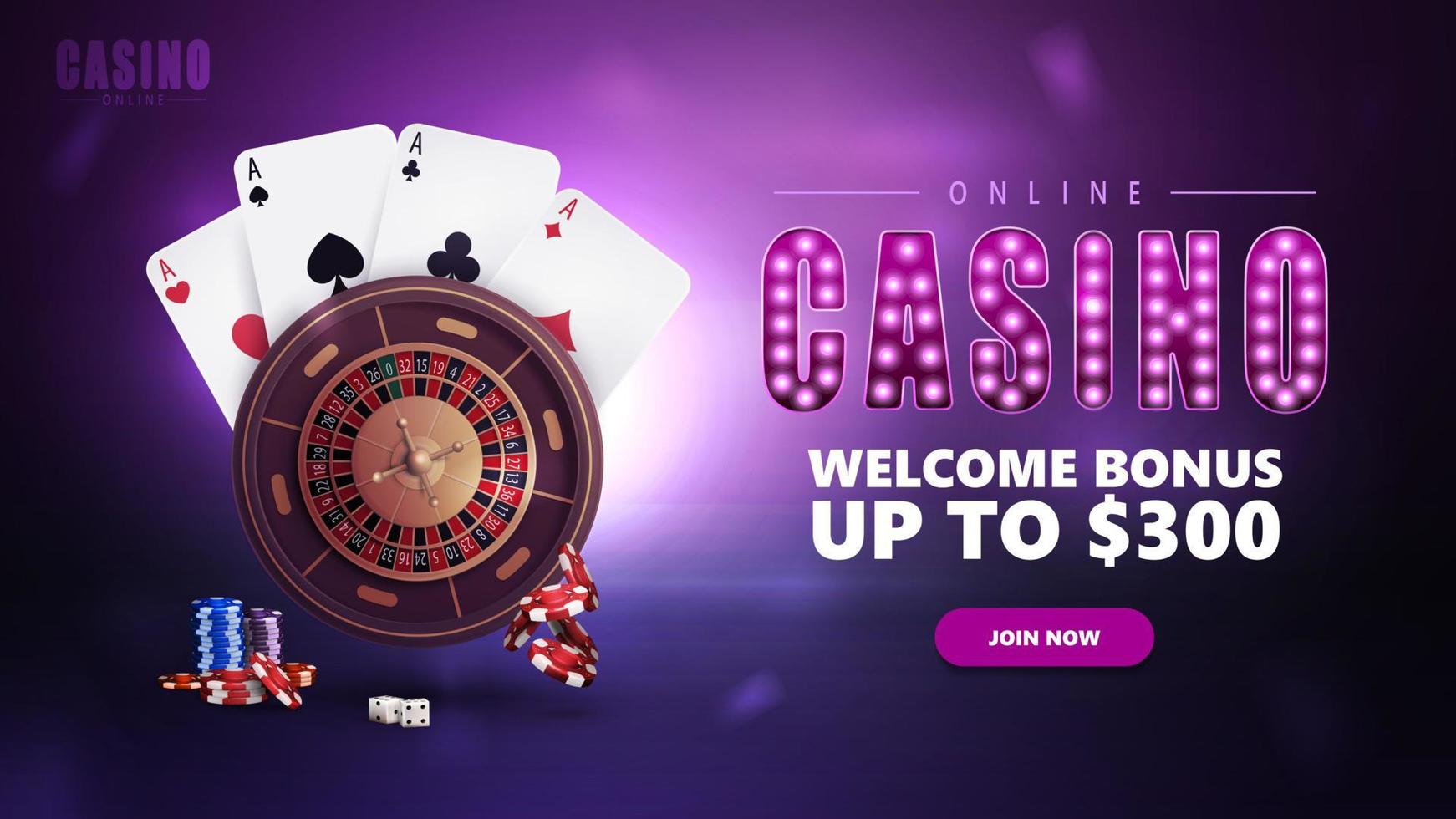 casino en línea, banner morado con oferta, botón, símbolo con bombillas, ruleta de casino, fichas de póquer y naipes. vector