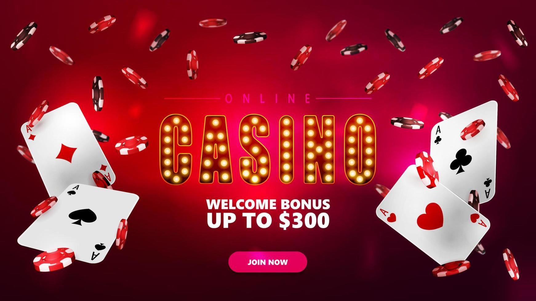 Online casino, banner for website with button, poker chips and playing cards vector