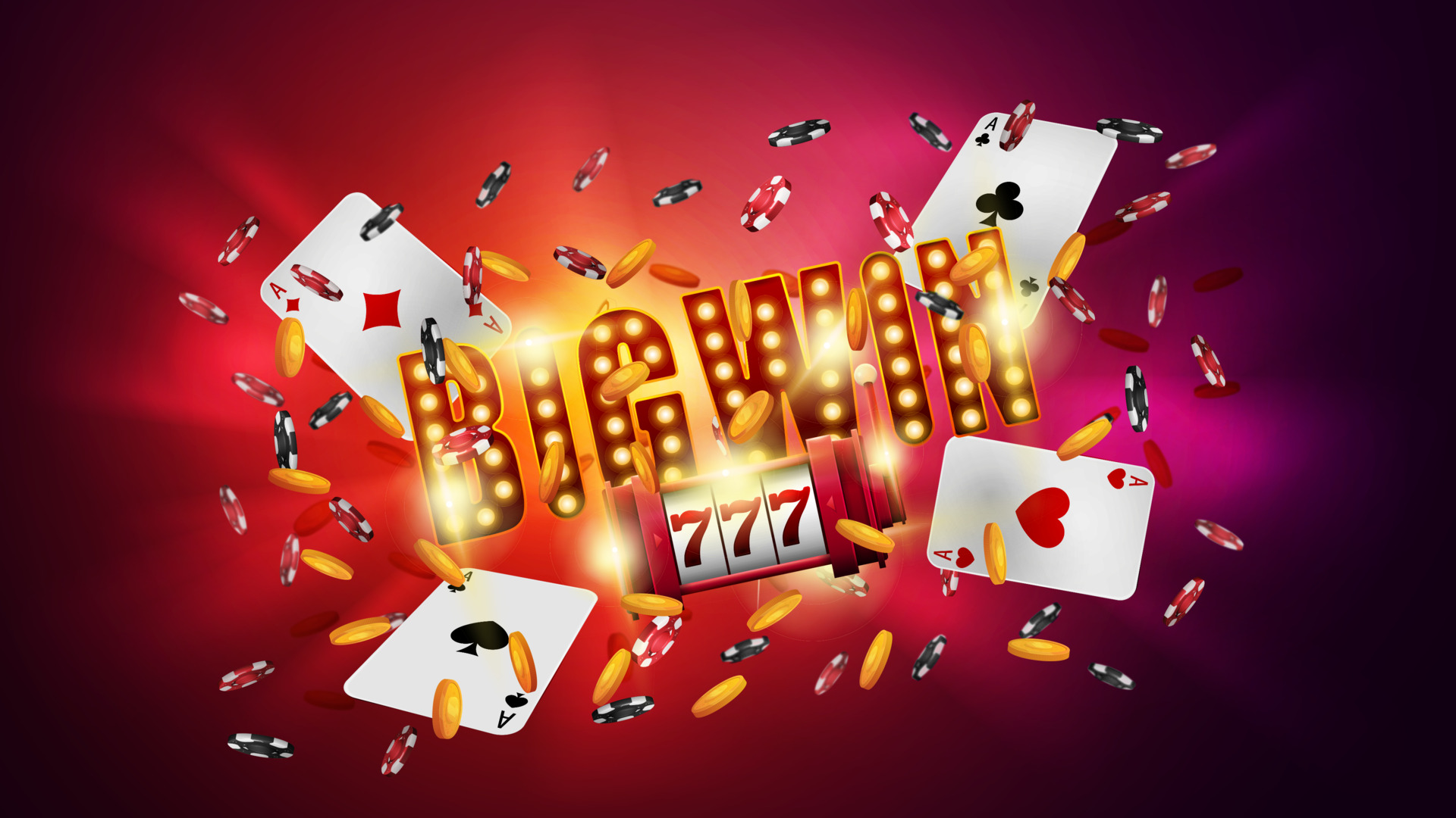 Shining sign Big win with slot machine, cards and falling golden coins and  chips on a bright background. 3810479 Vector Art at Vecteezy
