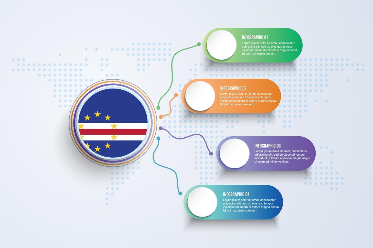 Bandera de Cabo Verde con diseño infográfico aislado en el mapa mundial de puntos vector