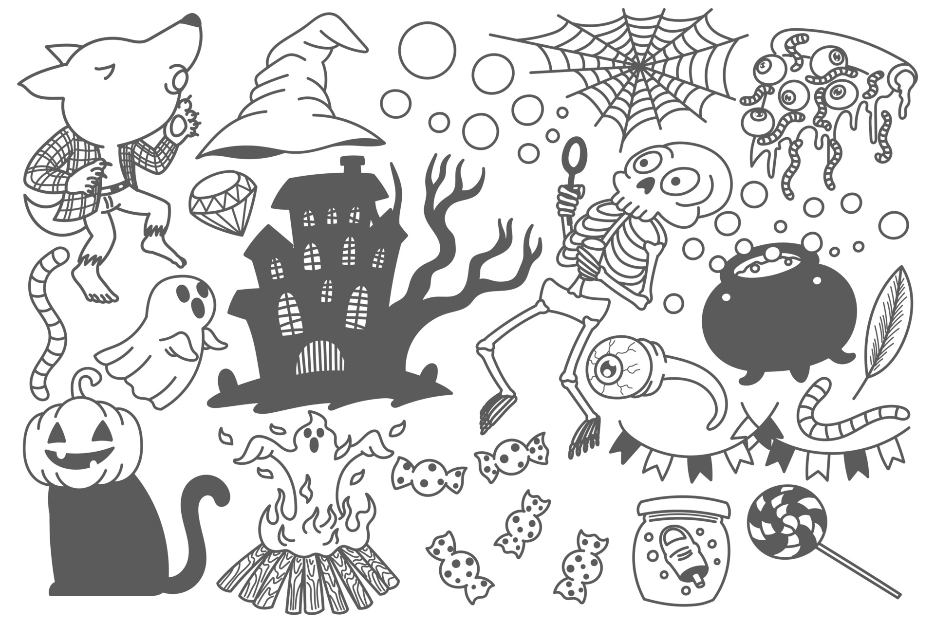 Set of Halloween doodles elements, drawing, cartoon, cute, fun, print, art  3810722 Vector Art at Vecteezy