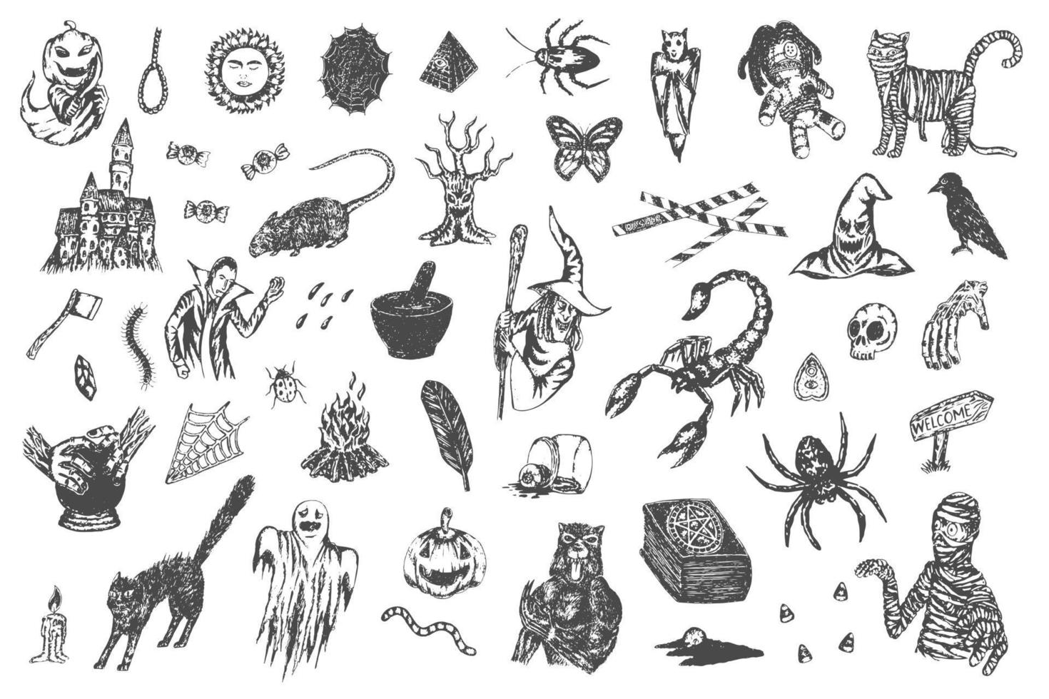 Set of Halloween sketch illustration, black and white vector