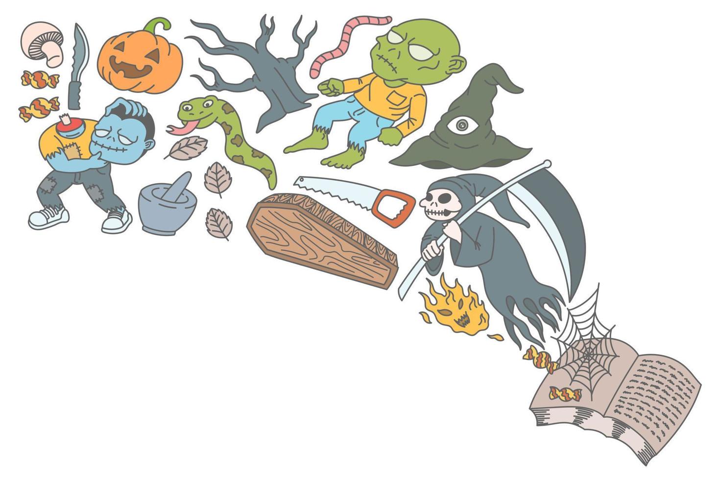 Set of cute Halloween doodles, cartoon, fun, print, art vector