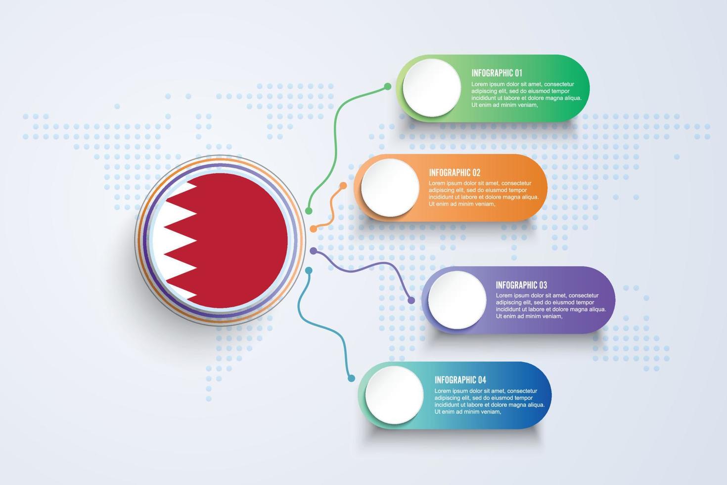 Bandera de Bahrein con diseño infográfico aislado en el mapa mundial de puntos vector